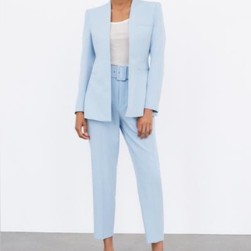 Zara pants with fabric-covered belt high-waisted trouser light blue